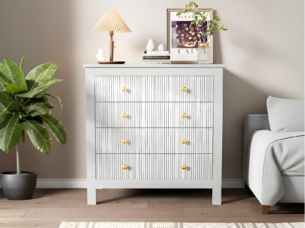 Vente Unique Buffet、Commode Avec 4 Tiroirs - En Panneaux De Particules - Blanc