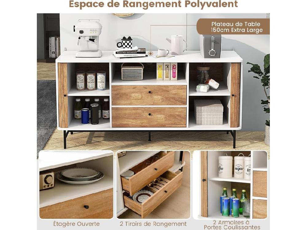Vente Unique Buffet Cuisine 2 Tiroirs 2 Portes Coulissantes 1 Passe-câble 150 X 45 X 74 Cm