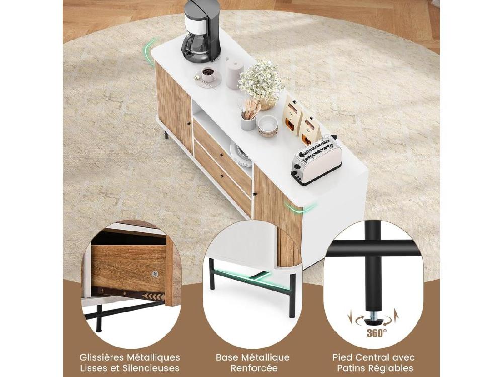 Vente Unique Buffet Cuisine 2 Tiroirs 2 Portes Coulissantes 1 Passe-câble 150 X 45 X 74 Cm
