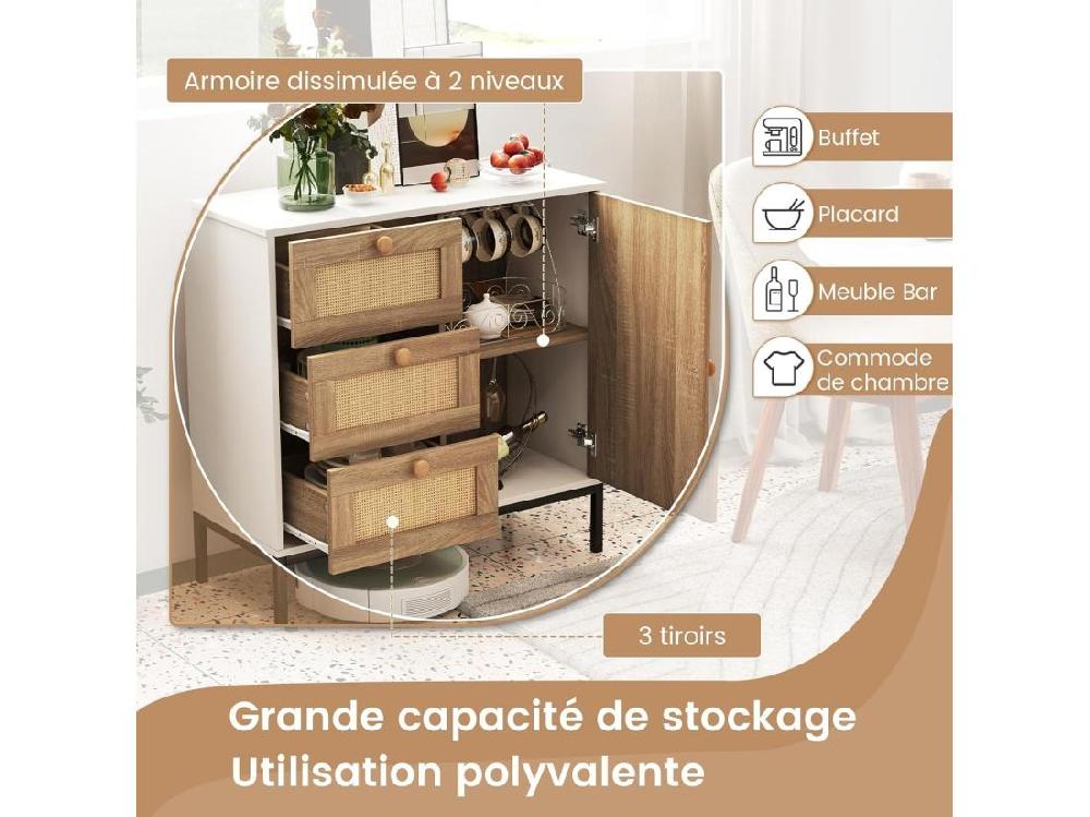 Vente Unique Buffet Cuisine 3 Tiroirs Avec Placard étagère Réglable Pied En Métal 80 X 35 X 80 5 Cm
