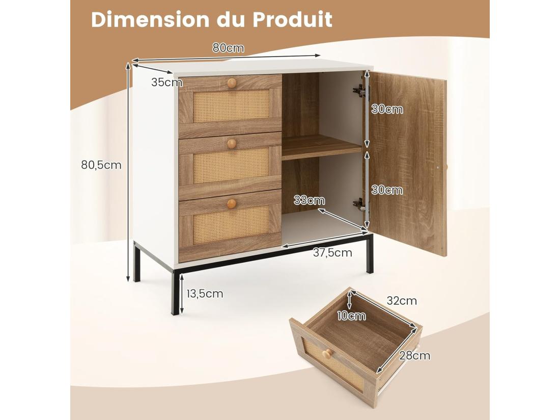 vente unique Buffet cuisine 3 tiroirs avec placard étagère réglable pied en métal 80 x 35 x 80 5 cm