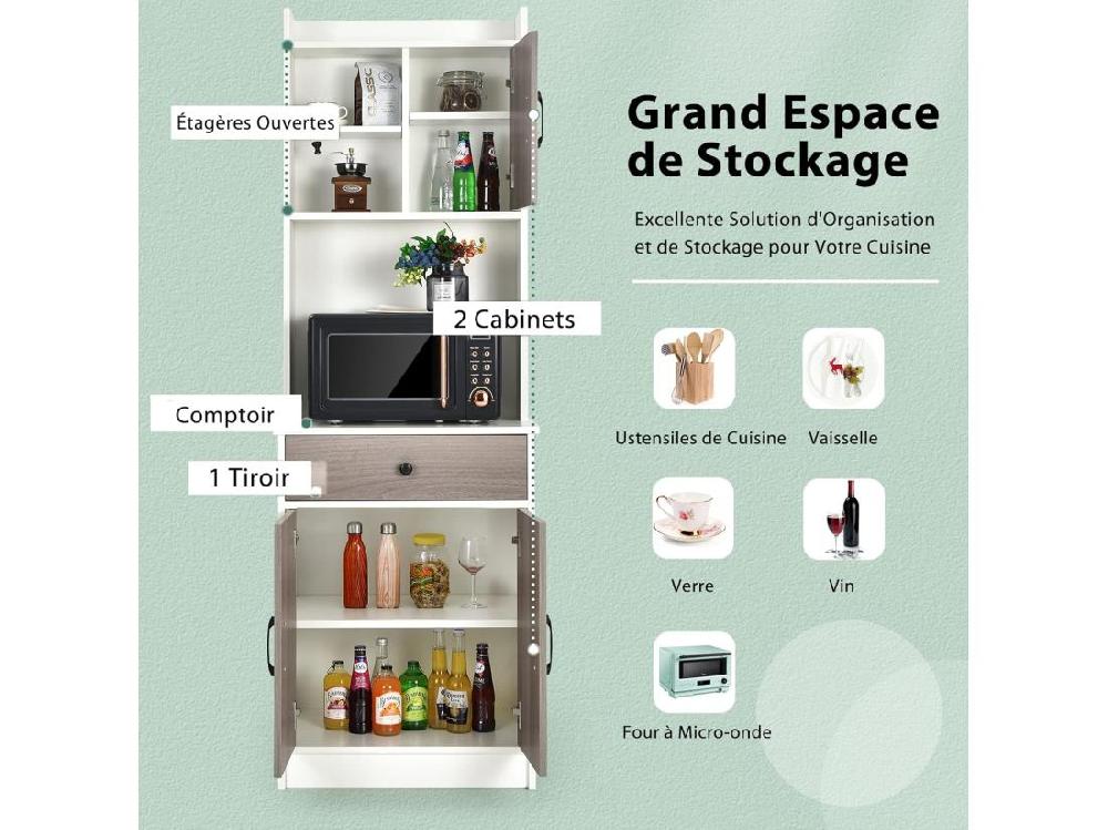 Vente Unique Buffet Cuisine Armoire Cuisine Vaisselier 3 Portes Avec Tiroir Meuble Cuisine Avec Passe-Câble 3 Étagères Placard De Cuisine Kit Anti-basculement 60 X 40 X 180 CM (Blanc)