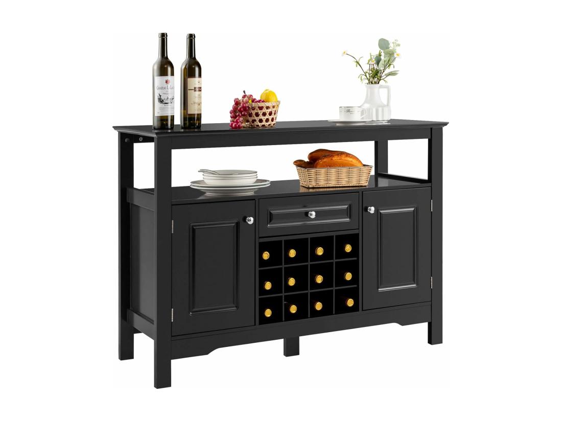 Vente Unique Buffet Cuisine Avec Casier à Vin Amovible Pour 12 Bouteilles 2 Etagèress 1 Tiroir 2 Placards Armoire De Cuisine Porte-Bouteille Pour Salle à Manger Salon 117x40 5x82 5cm (Noir)