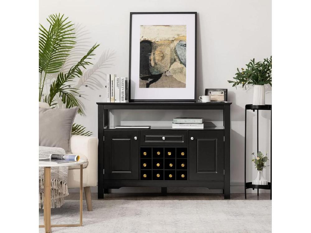 Vente Unique Buffet Cuisine Avec Casier à Vin Amovible Pour 12 Bouteilles 2 Etagèress 1 Tiroir 2 Placards Armoire De Cuisine Porte-Bouteille Pour Salle à Manger Salon 117x40 5x82 5cm (Noir)