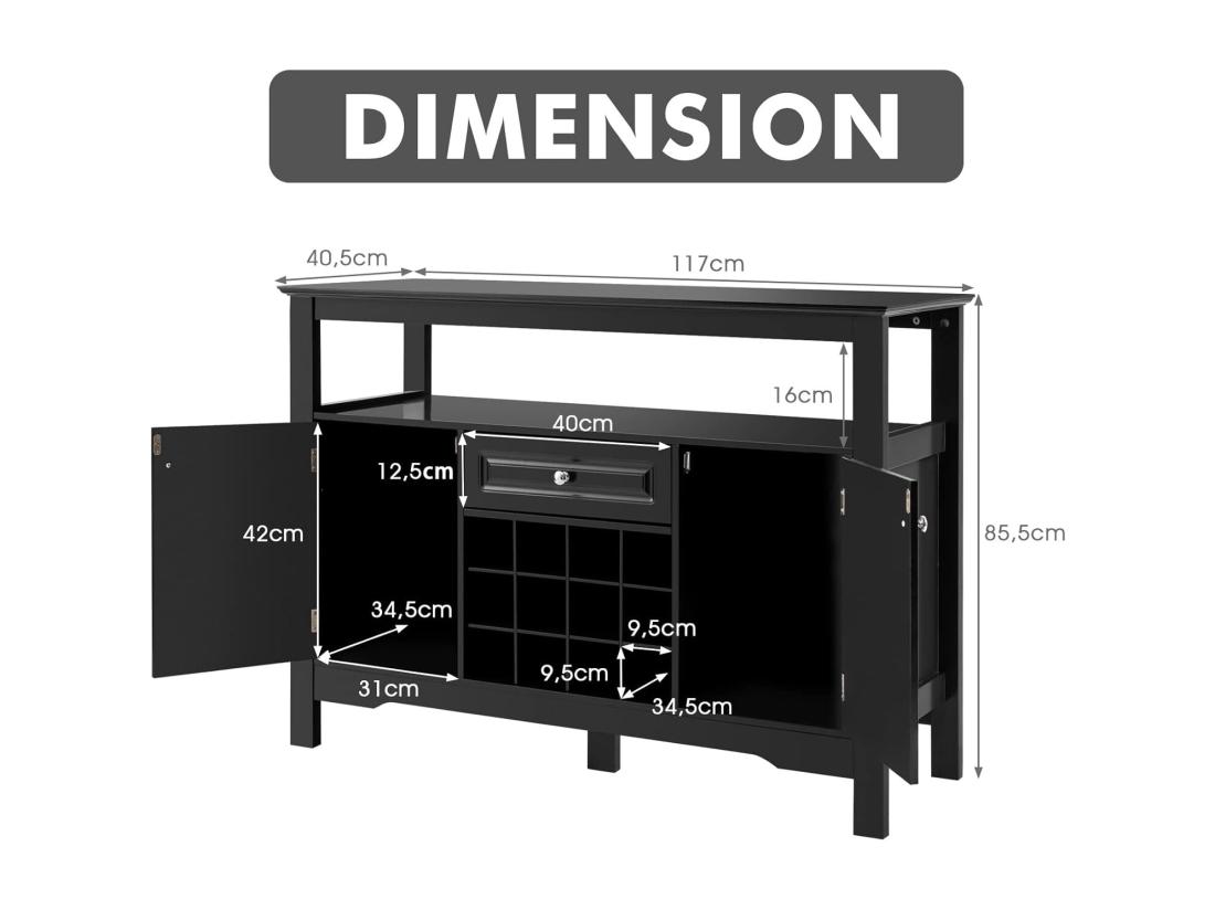 vente unique Buffet Cuisine avec Casier à Vin Amovible pour 12 Bouteilles 2 Etagèress 1 Tiroir 2 Placards Armoire de Cuisine Porte-Bouteille pour Salle à Manger Salon 117x40 5x82 5cm (Noir)