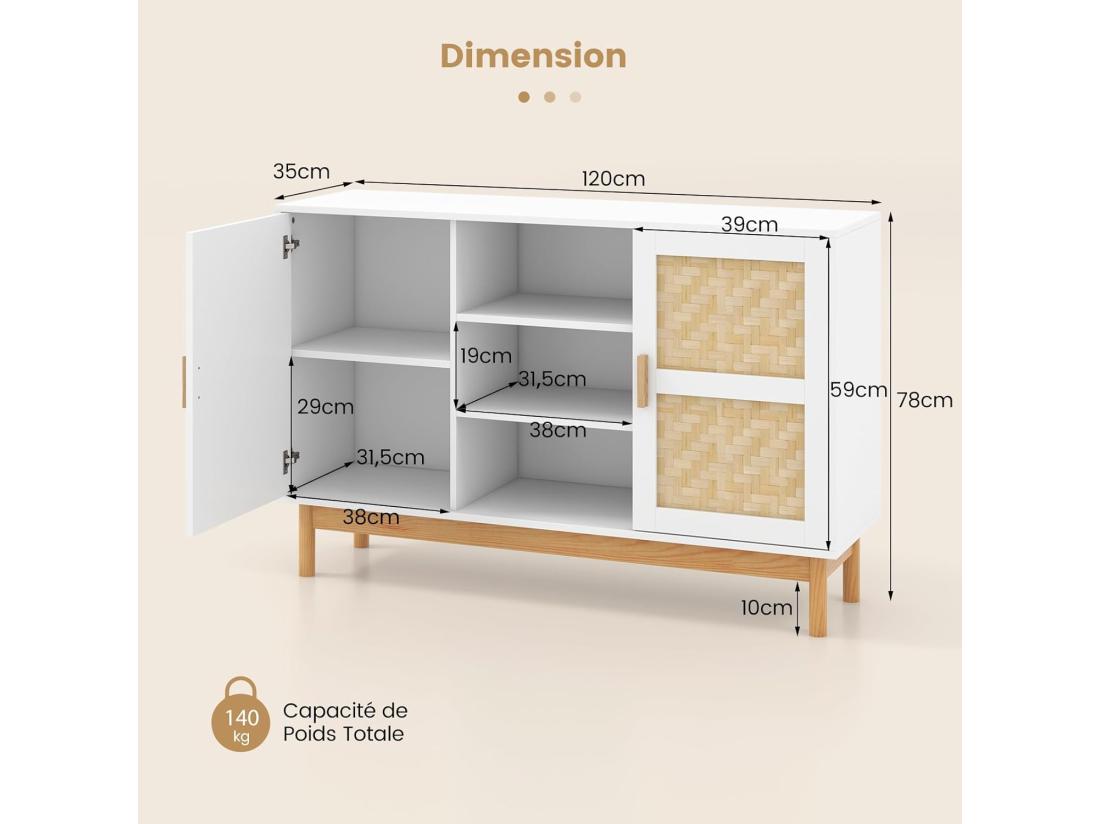 Vente Unique Buffet De Cuisine Armoire Cuisine Avec 2 Portes Tressées En Bambou 120 X 35 X 78 Cm