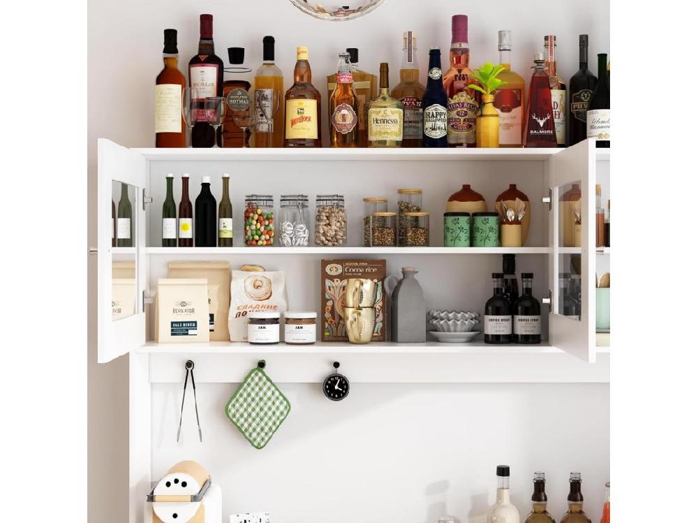 Vente Unique Buffet De Cuisine Armoire Verre Haute Armoire De Cuisine Plan De Travaille Compartiment Ouverts 4 Portes 4 Tirois Blanc 160x40x190cm