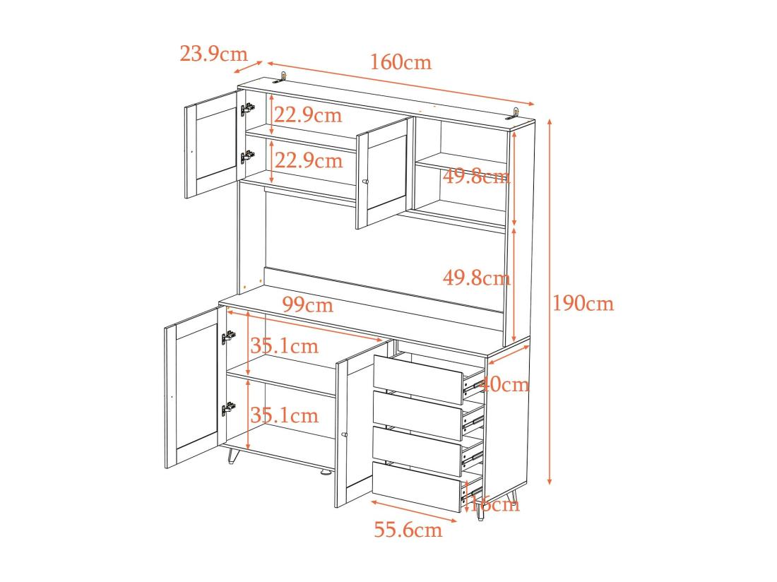 Vente Unique Buffet De Cuisine Armoire Verre Haute Armoire De Cuisine Plan De Travaille Compartiment Ouverts 4 Portes 4 Tirois Blanc 160x40x190cm