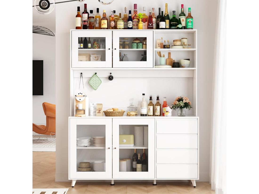 Vente Unique Buffet De Cuisine Armoire Verre Haute Armoire De Cuisine Plan De Travaille Compartiment Ouverts 4 Portes 4 Tirois Blanc 160x40x190cm