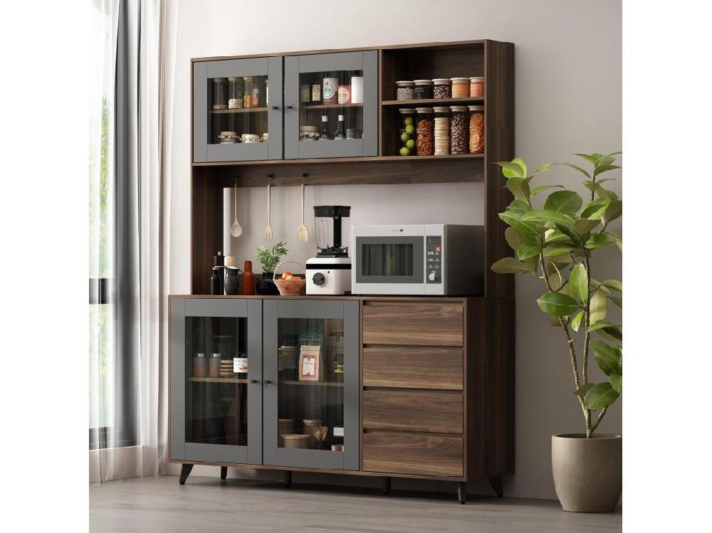 Vente Unique Buffet De Cuisine Armoire Verre Haute Armoire De Cuisine Plan De Travaille Compartiment Ouverts 4 Portes 4 Tirois Marron&Noir 160x40x190cm