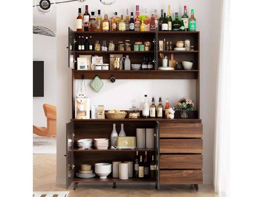 Vente Unique Buffet De Cuisine Armoire Verre Haute Armoire De Cuisine Plan De Travaille Compartiment Ouverts 4 Portes 4 Tirois Marron&Noir 160x40x190cm