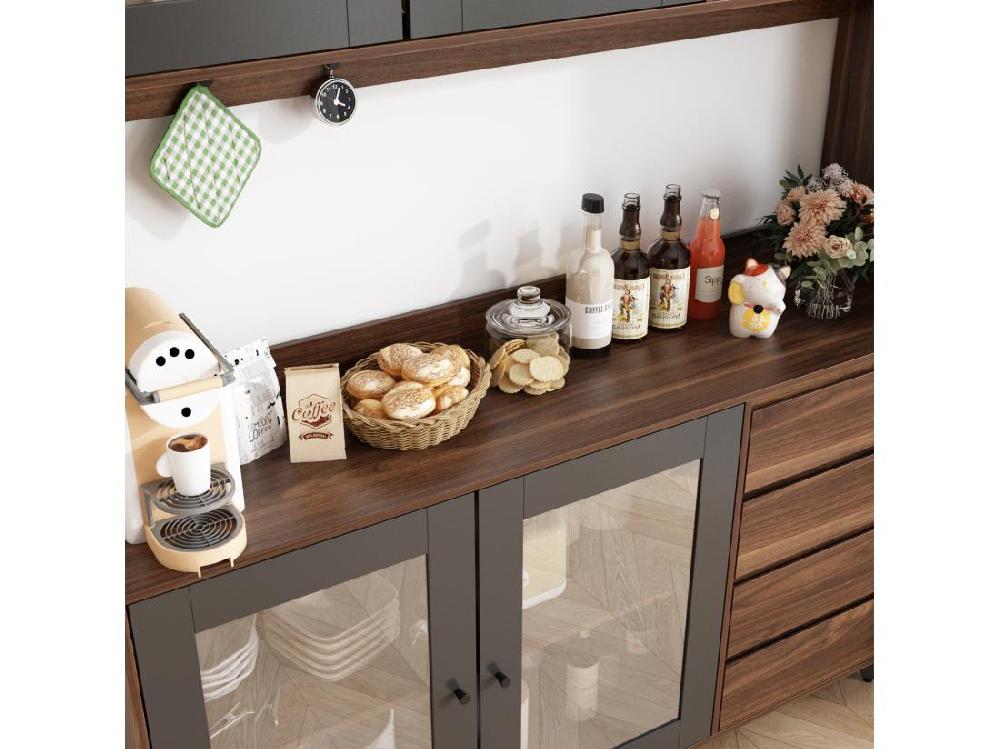 Vente Unique Buffet De Cuisine Armoire Verre Haute Armoire De Cuisine Plan De Travaille Compartiment Ouverts 4 Portes 4 Tirois Marron&Noir 160x40x190cm