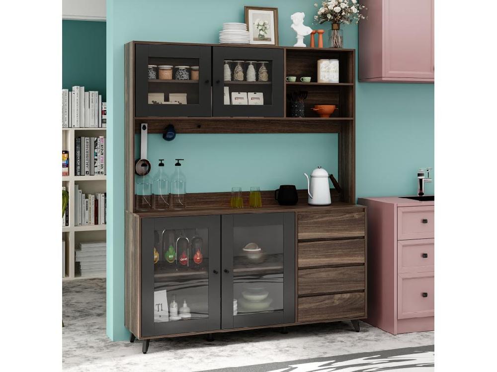vente unique Buffet de cuisine Armoire verre haute Armoire de cuisine Plan de travaille Compartiment ouverts 4 portes 4 Tirois Marron&Noir 160x40x190cm