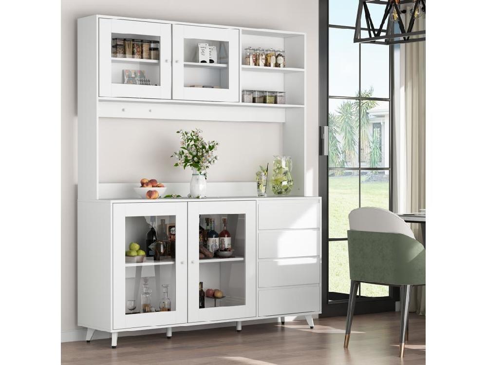 vente unique Buffet de cuisine Armoire verre haute Armoire de cuisine Plan de travaille Compartiment ouverts 4 portes 4 Tirois Blanc 160x40x190cm