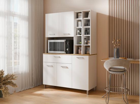 vente unique Buffet de cuisine avec 5 portes 11 niches et 1 tiroir - Blanc et naturel clair - JACOBAYA