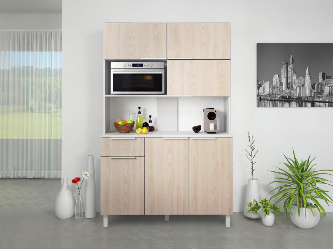 vente unique Buffet de cuisine avec 6 portes 1 tiroir et 1 niche - Naturel clair et blanc - TRATTORIA