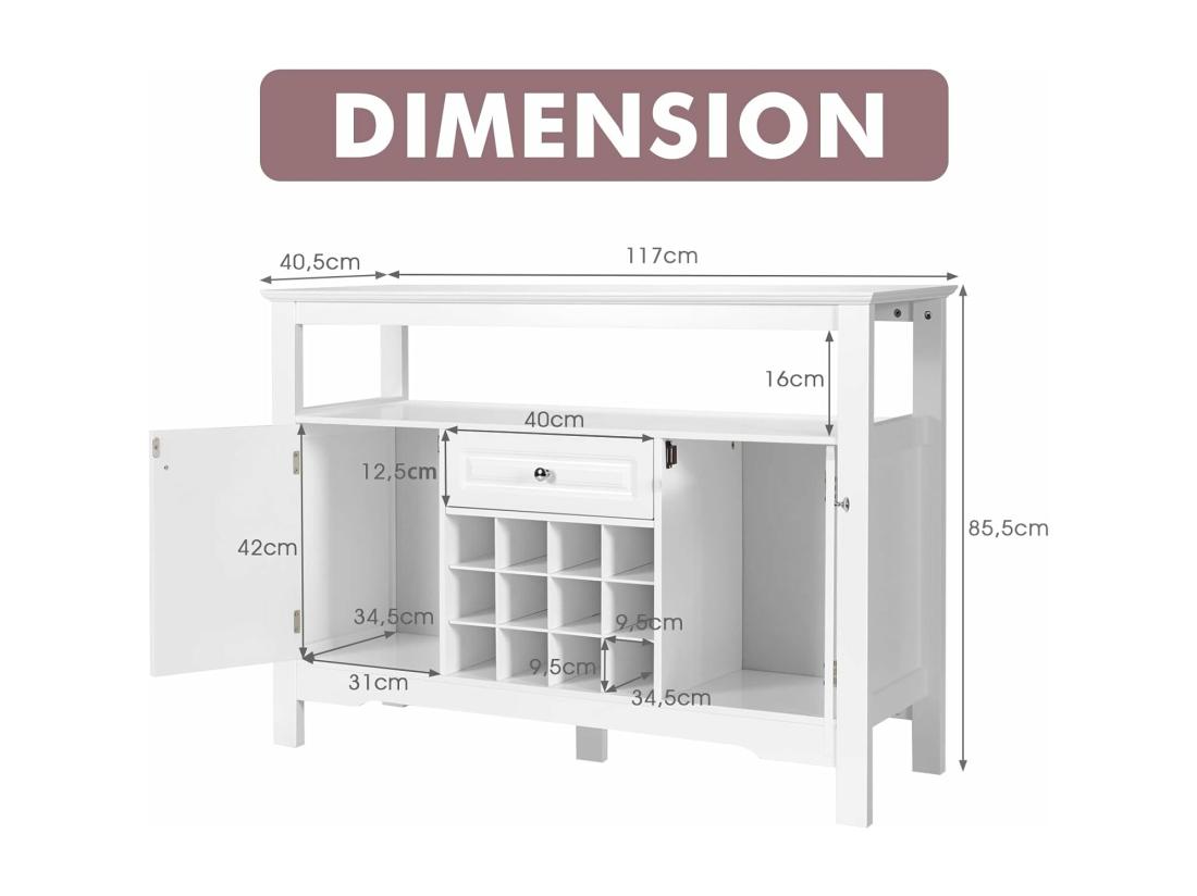 Vente Unique Buffet De Cuisine Casier à Vin Etagères Tiroir Et Armoires 117 X 40 5 X 82 5 Cm Blanc