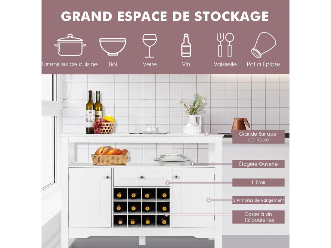 Vente Unique Buffet De Cuisine Casier à Vin Etagères Tiroir Et Armoires 117 X 40 5 X 82 5 Cm Blanc