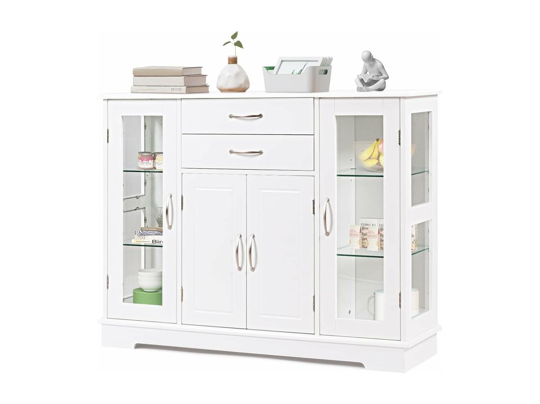 Vente Unique Buffet De Cuisine Meuble De Rangement Avec 2 Tiroirs 2 Portes Simples En Verre Trempé Et 1 Porte à La Française Armoire Pour Cuisine Et Salon 107 X 30 X 82 CM (Blanc)
