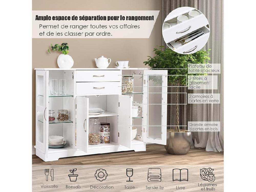 Vente Unique Buffet De Cuisine Meuble De Rangement Avec 2 Tiroirs 2 Portes Simples En Verre Trempé Et 1 Porte à La Française Armoire Pour Cuisine Et Salon 107 X 30 X 82 CM (Blanc)