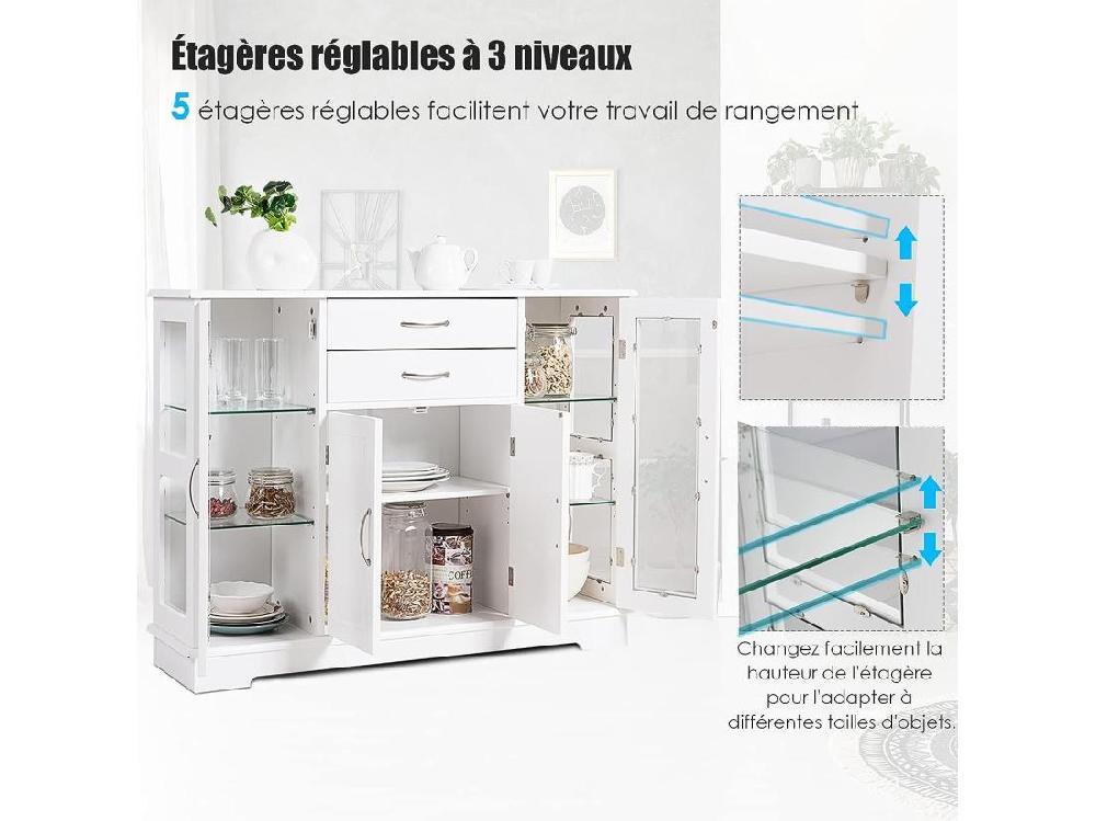 Vente Unique Buffet De Cuisine Meuble De Rangement Avec 2 Tiroirs 2 Portes Simples En Verre Trempé Et 1 Porte à La Française Armoire Pour Cuisine Et Salon 107 X 30 X 82 CM (Blanc)
