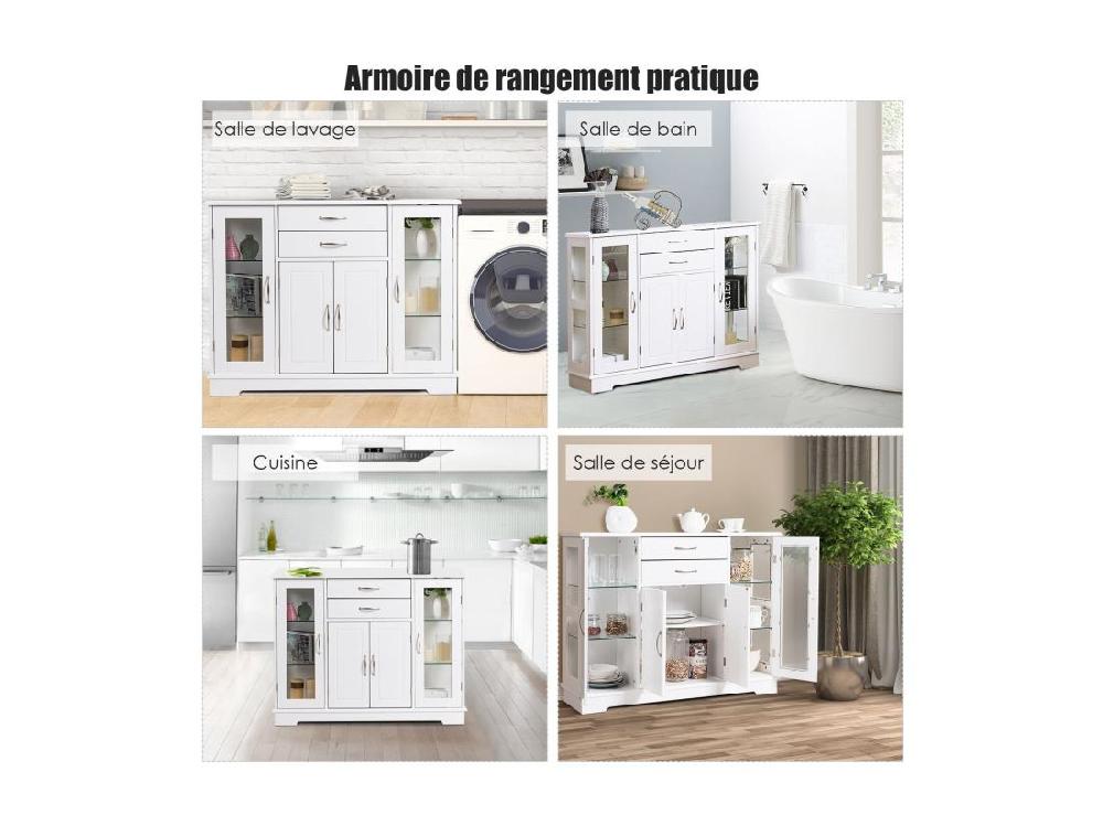 vente unique Buffet de Cuisine Meuble de Rangement avec 2 Tiroirs 2 Portes Simples en Verre Trempé et 1 Porte à La Française Armoire pour Cuisine et Salon 107 x 30 x 82 CM (Blanc)
