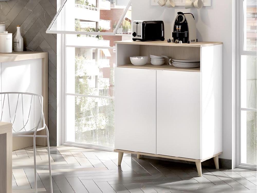 vente unique Buffet de cuisine WAJDI - 2 portes et 1 niche - Blanc et chêne