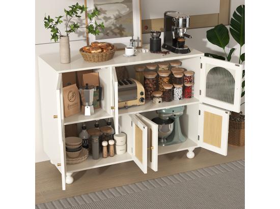 Vente Unique Buffet De Salle à Manger Moderne Blanc Avec Design Arc-en-ciel Longues Portes En Verre Pieds à Colonnes Rondes Meuble De Rangement élégant