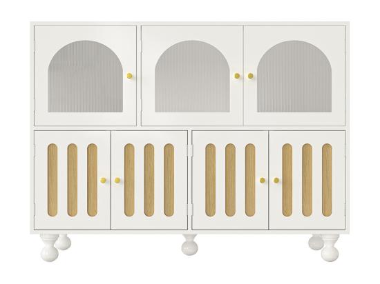 Vente Unique Buffet De Salle à Manger Moderne Blanc Avec Design Arc-en-ciel Longues Portes En Verre Pieds à Colonnes Rondes Meuble De Rangement élégant