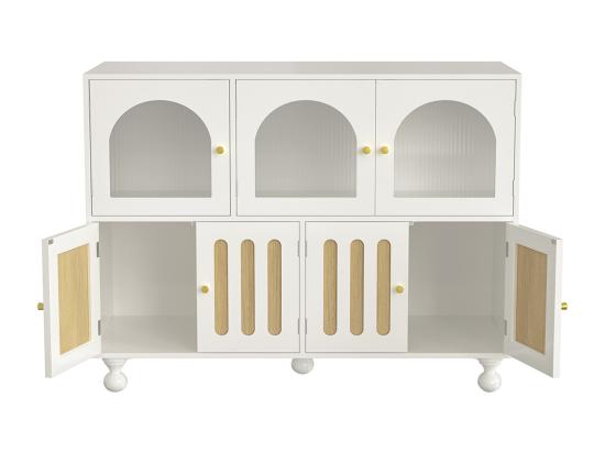 Vente Unique Buffet De Salle à Manger Moderne Blanc Avec Design Arc-en-ciel Longues Portes En Verre Pieds à Colonnes Rondes Meuble De Rangement élégant