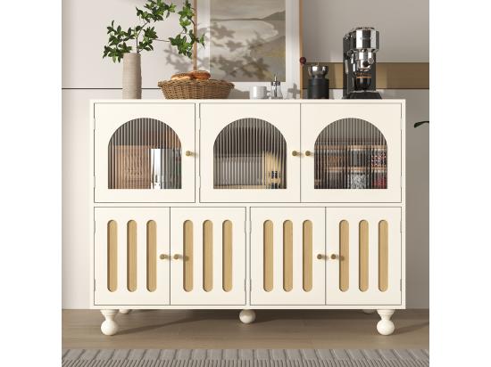 vente unique Buffet de salle à manger moderne blanc avec design arc-en-ciel longues portes en verre pieds à colonnes rondes meuble de rangement élégant