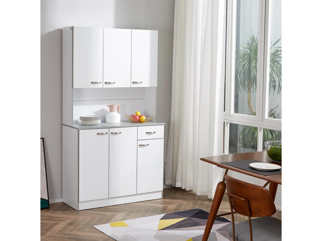 Vente Unique Buffet Haut Multi-rangement - 6 Portes Tiroir Grand Plateau - Dim. 101L X 39l X 180H Cm - Panneaux Particules Blanc Gris