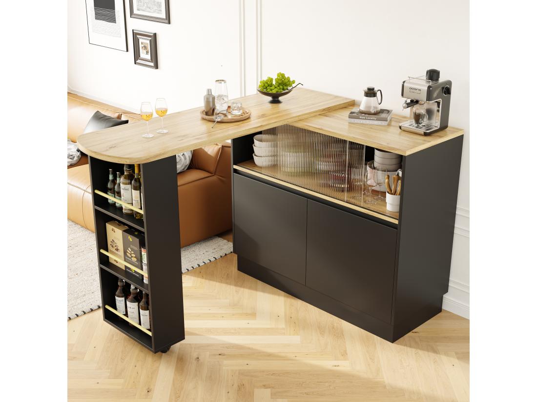Vente Unique Buffet、Meuble De Bar Pivotant Et Escamotable En MDF - Grand Espace De Rangement - Style Contemporain - Noir