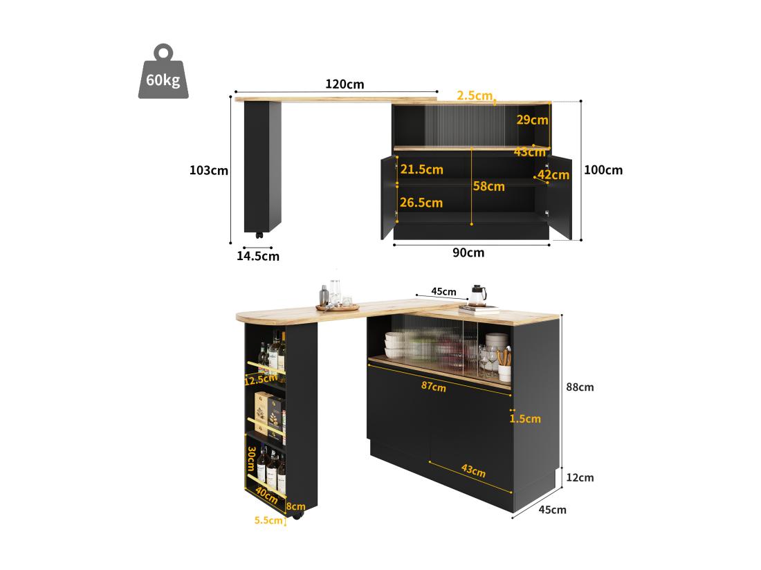 Vente Unique Buffet、Meuble De Bar Pivotant Et Escamotable En MDF - Grand Espace De Rangement - Style Contemporain - Noir