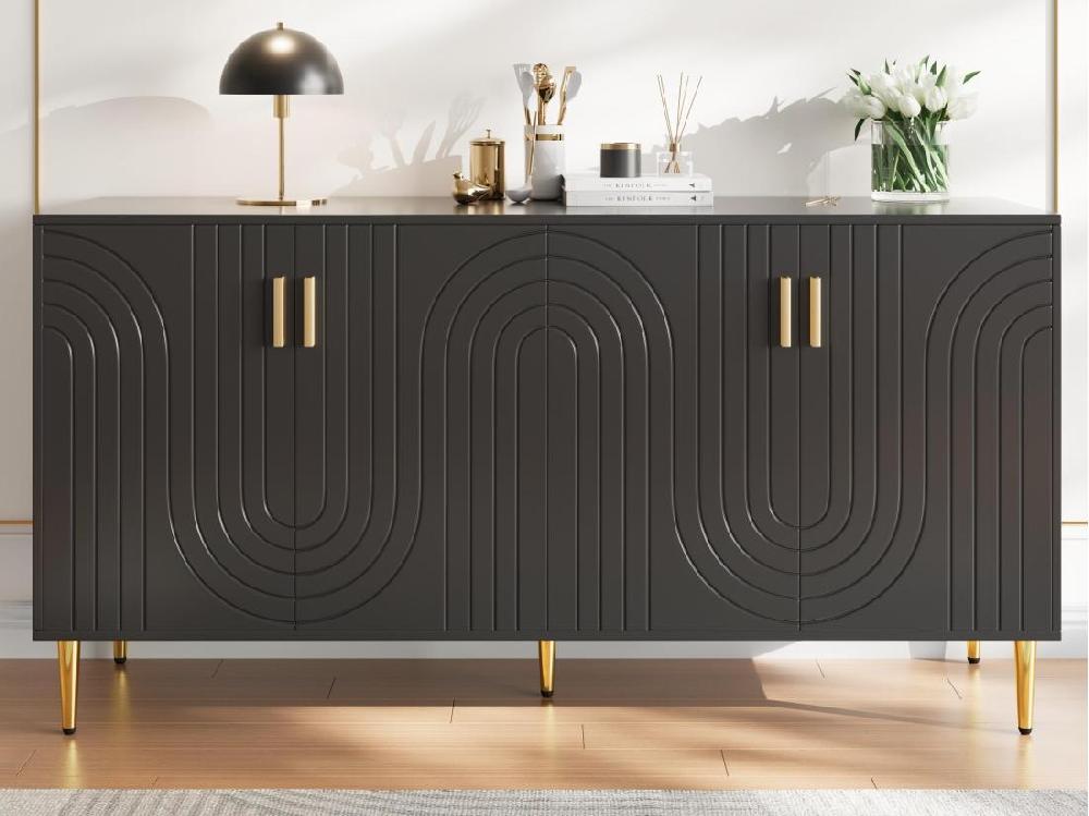 Vente Unique Buffet Moderne - 4 Portes à Motif Ondulé - En MDF - Noir