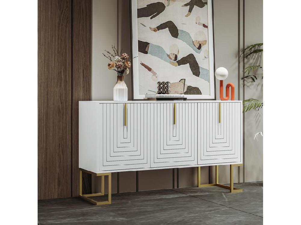 Vente Unique Buffet Moderne Avec étagères Réglables - 3 Portes à Motif De U - Poignées Et Base En Métal - Blanc