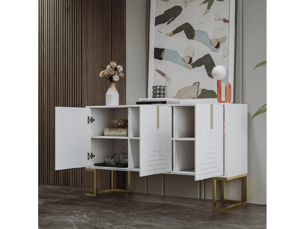 Vente Unique Buffet Moderne Avec étagères Réglables - 3 Portes à Motif De U - Poignées Et Base En Métal - Blanc