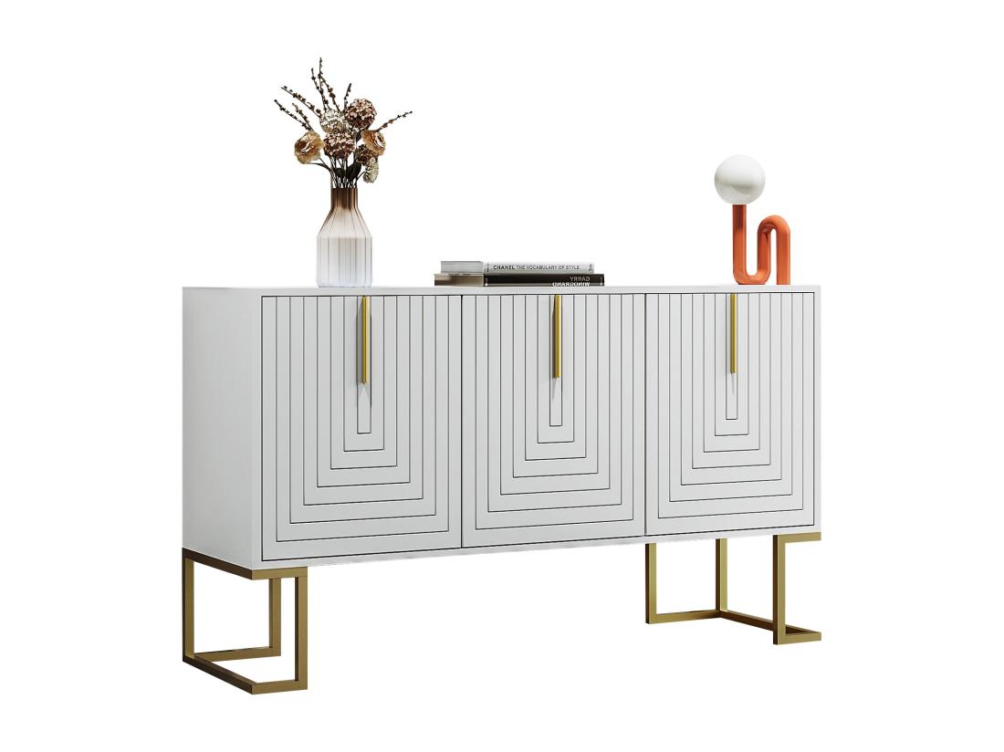 Vente Unique Buffet Moderne Avec étagères Réglables - 3 Portes à Motif De U - Poignées Et Base En Métal - Blanc