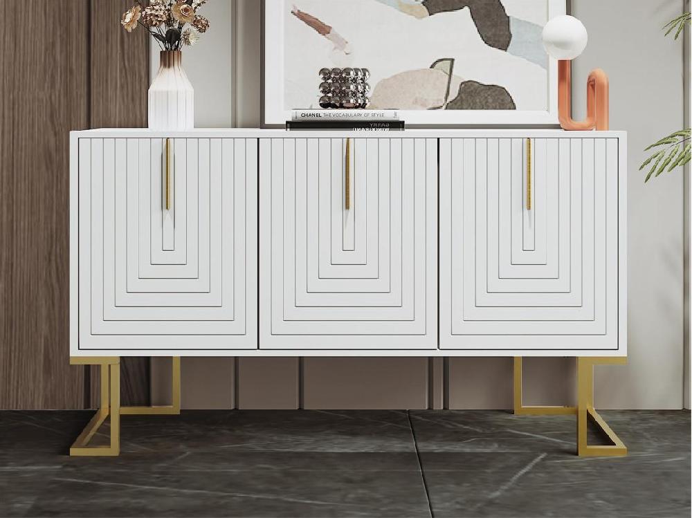 vente unique Buffet moderne avec étagères réglables - 3 portes à motif de U - poignées et base en métal - Blanc