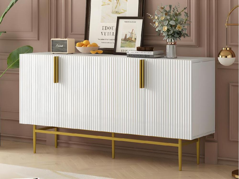 Vente Unique Buffet Moderne Et élégant - 4 Portes Avec Poignées En Métal Doré - Blanc Laqué