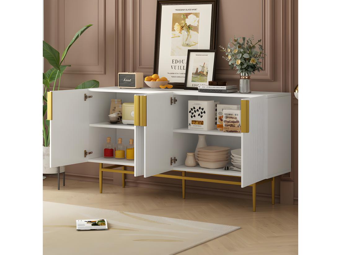 Vente Unique Buffet Moderne Et élégant - 4 Portes Avec Poignées En Métal Doré - Blanc Laqué