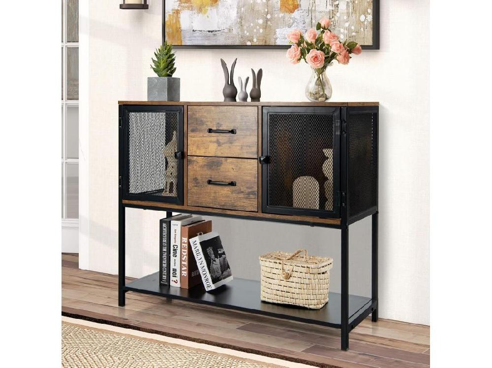 Vente Unique Buffet Salle à Manger Buffet Salon Industriel Avec 2 Placards 2 Tiroirs 2 Portes En Maille Fer Meuble Cuisine Rangement Marron Rustique 100 X 35 X 85 CM