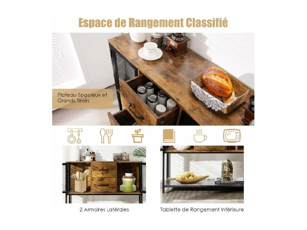 Vente Unique Buffet Salle à Manger Buffet Salon Industriel Avec 2 Placards 2 Tiroirs 2 Portes En Maille Fer Meuble Cuisine Rangement Marron Rustique 100 X 35 X 85 CM