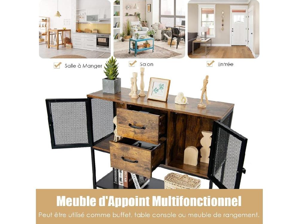 Vente Unique Buffet Salle à Manger Buffet Salon Industriel Avec 2 Placards 2 Tiroirs 2 Portes En Maille Fer Meuble Cuisine Rangement Marron Rustique 100 X 35 X 85 CM