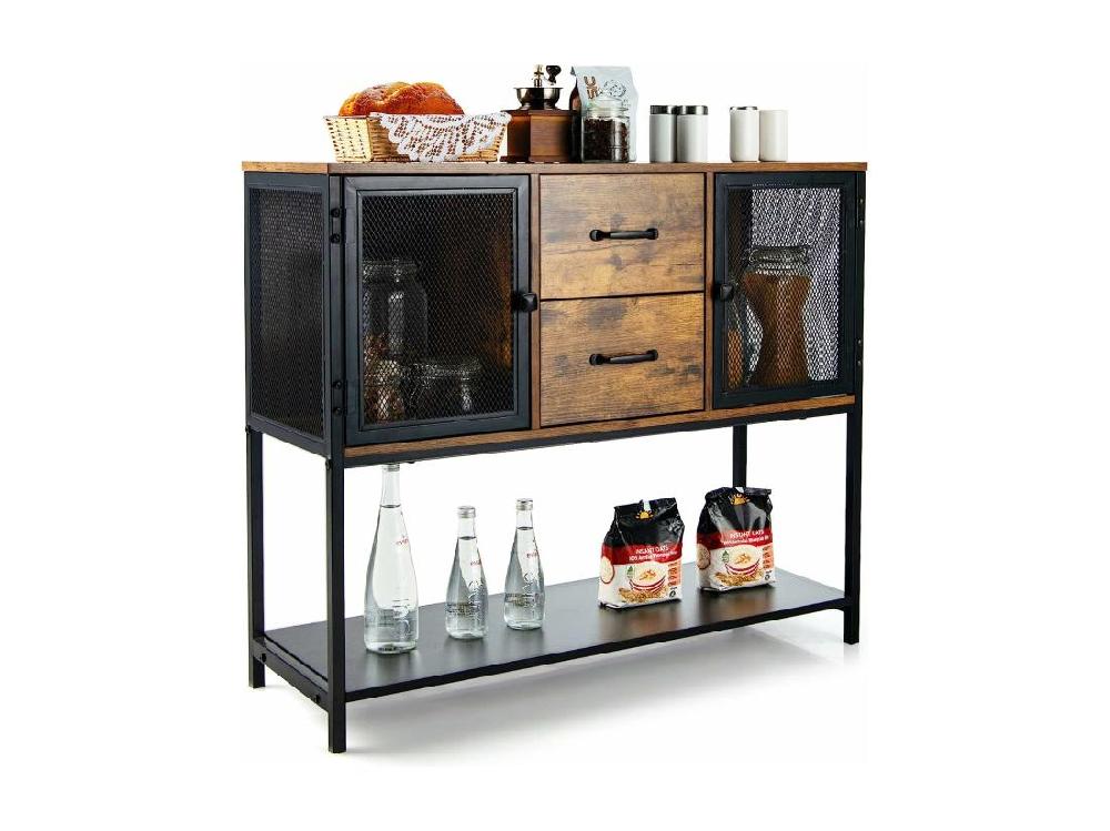 vente unique Buffet Salle à Manger Buffet Salon Industriel avec 2 Placards 2 Tiroirs 2 Portes en Maille Fer Meuble Cuisine Rangement Marron Rustique 100 X 35 X 85 CM