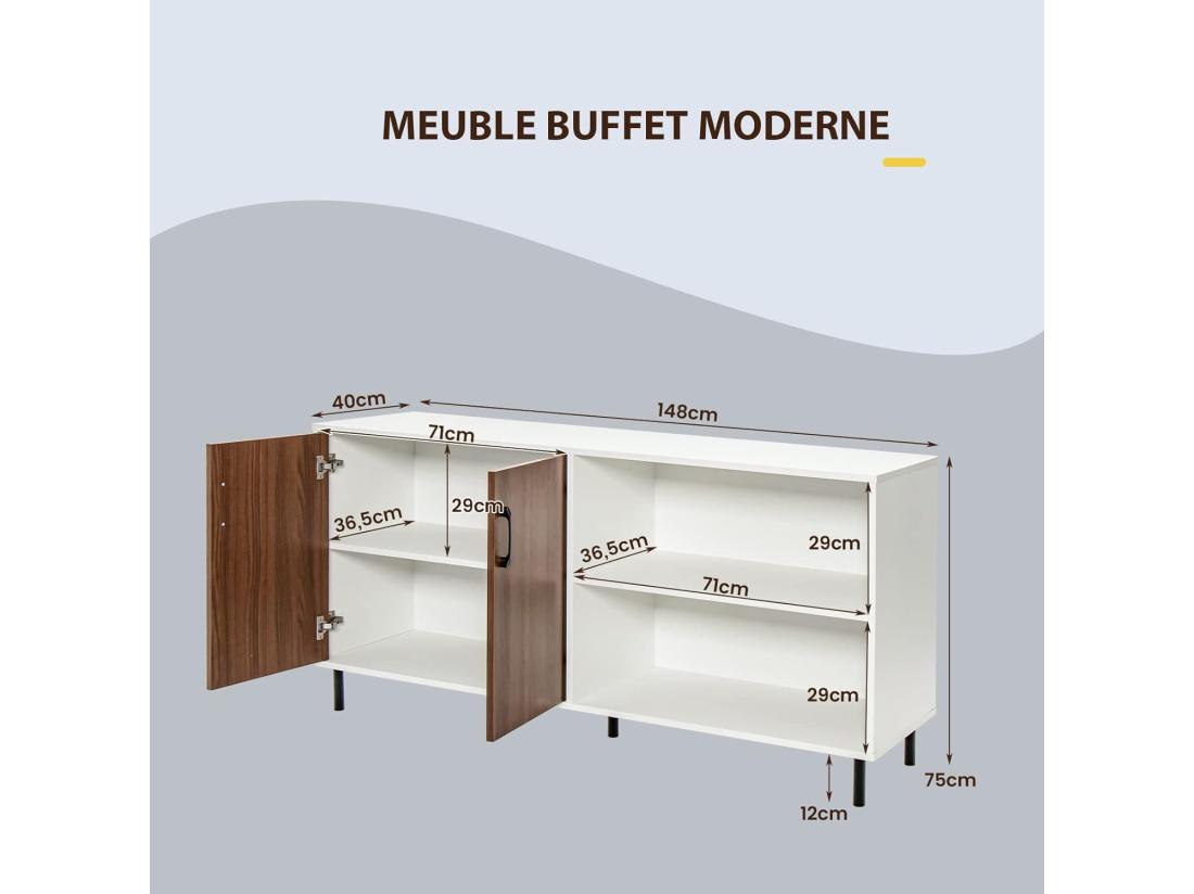 Vente Unique Buffet Salon Avec 2 Portes Et 2 Compartiments 4 Pieds Métalliques 148 X 40 X 75 Cm