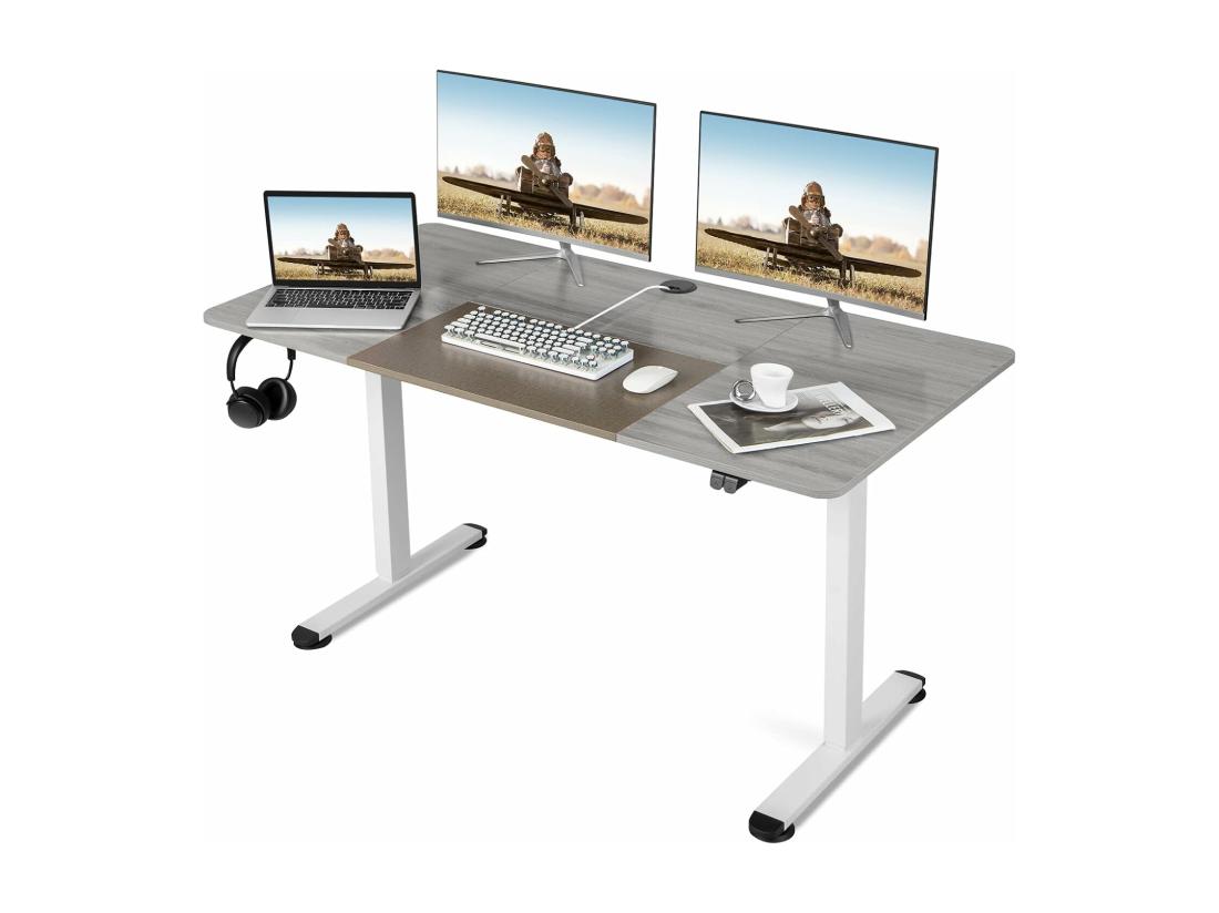 Vente Unique Bureau Assis Debout 70 X 140 Cm Bureau Électrique Réglable En Hauteur Avec Mono-Moteur Et Panneau à 2 Boutons Table Réglable Hauteur Support De Câble Crochet (Gris Clair)