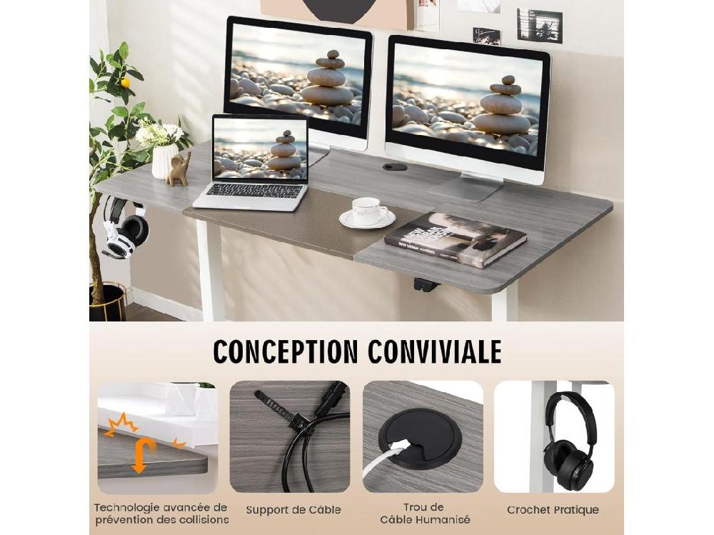 Vente Unique Bureau Assis Debout 70 X 140 Cm Bureau Électrique Réglable En Hauteur Avec Mono-Moteur Et Panneau à 2 Boutons Table Réglable Hauteur Support De Câble Crochet (Gris Clair)