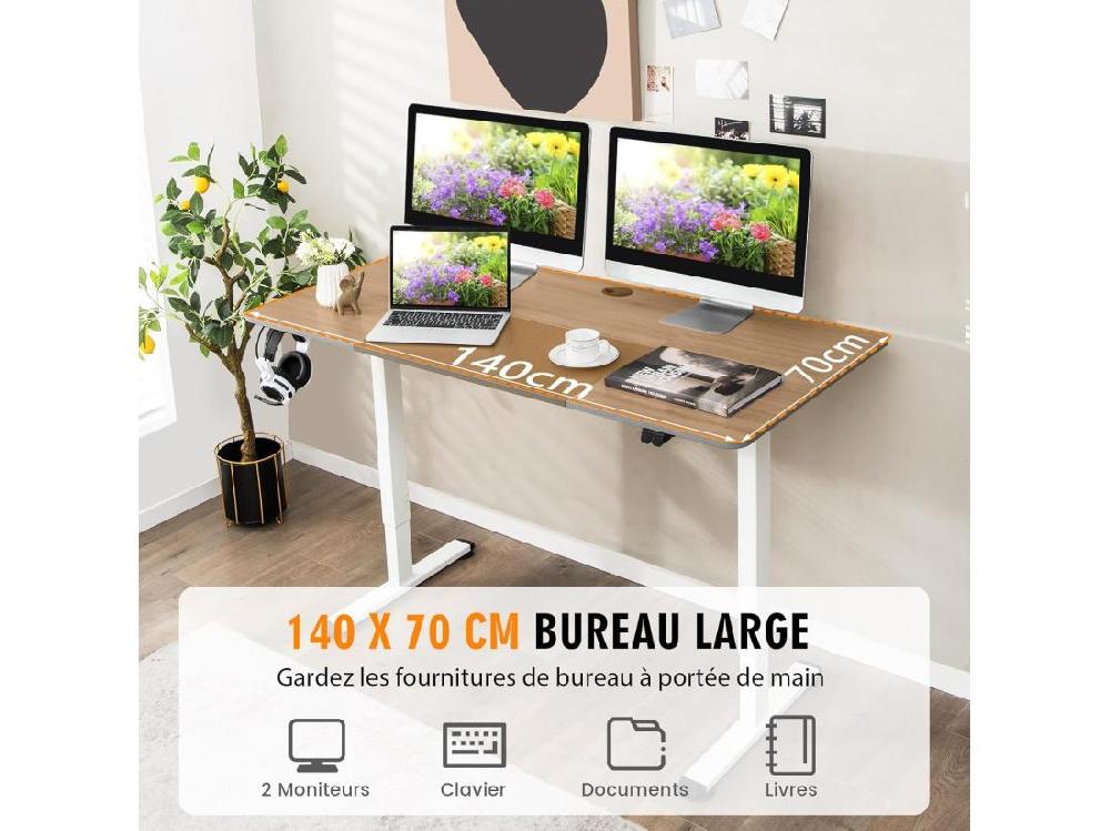 vente unique Bureau Assis Debout 70 x 140 cm Bureau Électrique Réglable en Hauteur avec Mono-Moteur et Panneau à 2 Boutons Table Réglable Hauteur Support de Câble Crochet (Gris Clair)