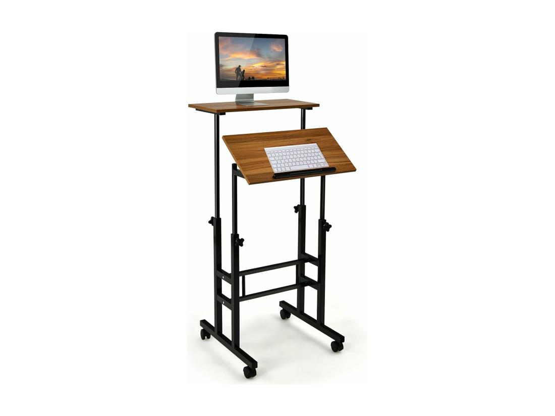 Vente Unique Bureau Assis-Debout à Roulettes Table Informatique à 2 Niveaux Pour Ordinateur Avec Hauteur Réglable Noyer